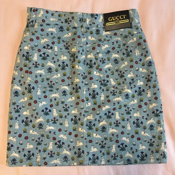 NWOT Gucci printed skirt denim xs 38 blue printed floral bunny coquette - Picture 7 of 9